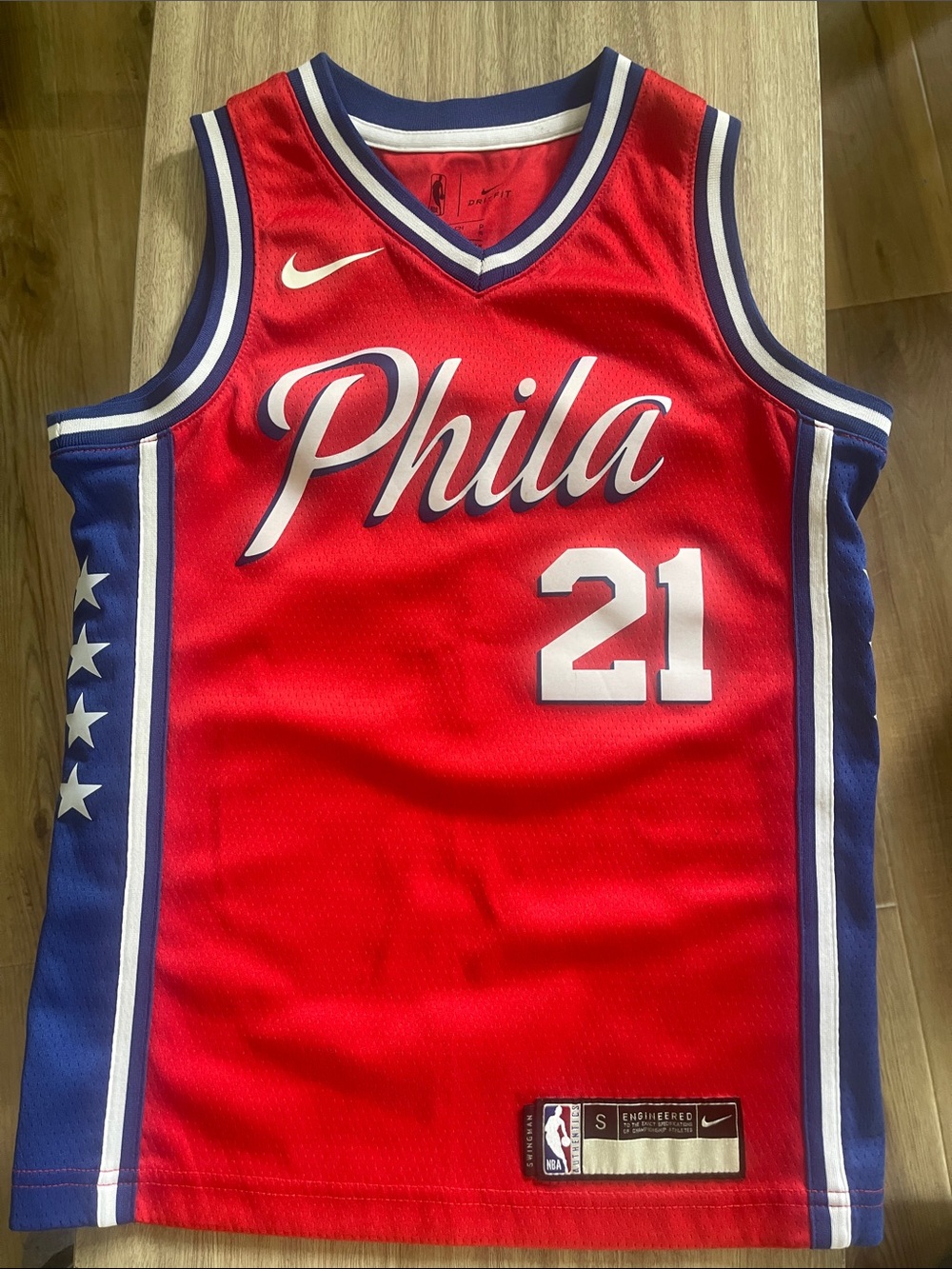Nike Red Phila #21 Basketball Jersey with Blue & White Accents